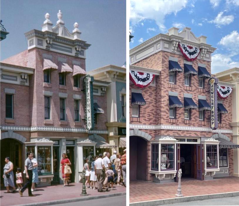 Side-by-side images of the same building at a theme park in different eras. The left shows vintage clothing and signage for "Upjohn Co," while the right shows modern attire and "Streetside Shop" with patriotic bunting.