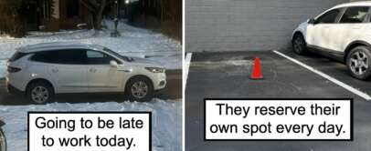 Left image: A white SUV parked on a snowy street with text "Going to be late to work today." Right image: An empty parking space marked with an orange cone, next to a parked SUV, with text "They reserve their own spot every day.