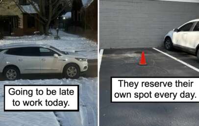 Left image: A white SUV parked on a snowy street with text "Going to be late to work today." Right image: An empty parking space marked with an orange cone, next to a parked SUV, with text "They reserve their own spot every day.