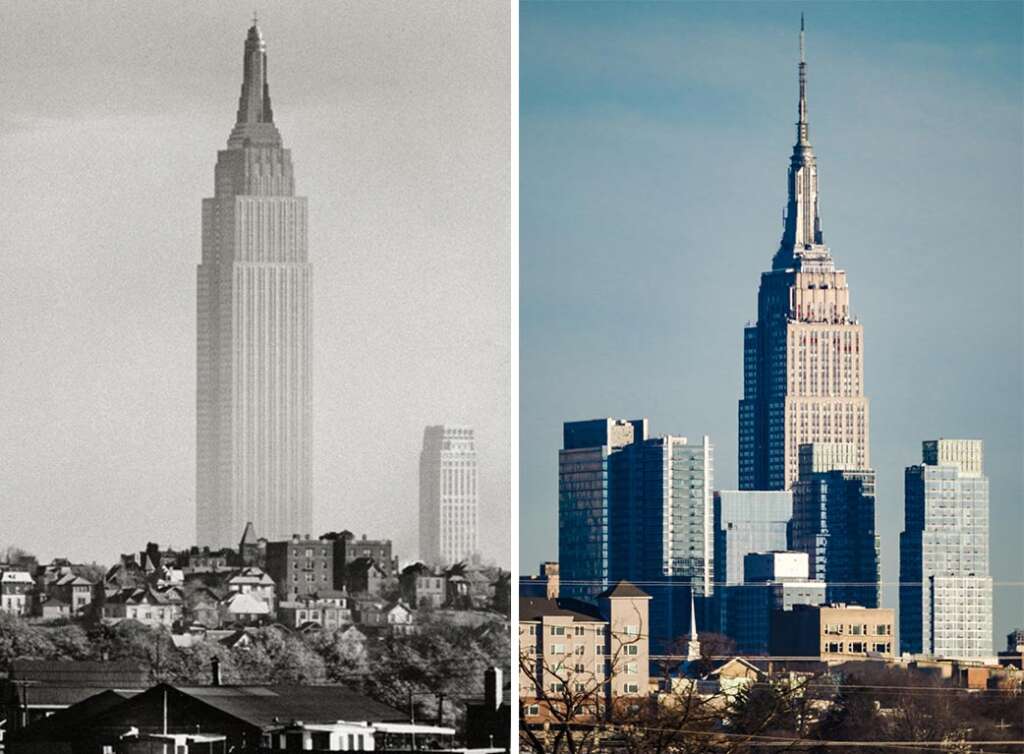 Side-by-side images of the Empire State Building. The left is a historical black-and-white photo with small buildings in the foreground, while the right shows a modern color photo with skyscrapers surrounding it.