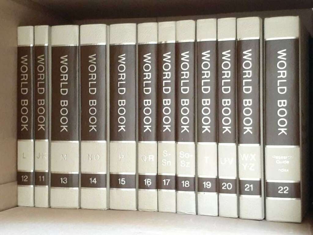 A row of World Book encyclopedias on a shelf, labeled with letters L through Z and volumes 12 to 22. The books have white covers with brown spines.