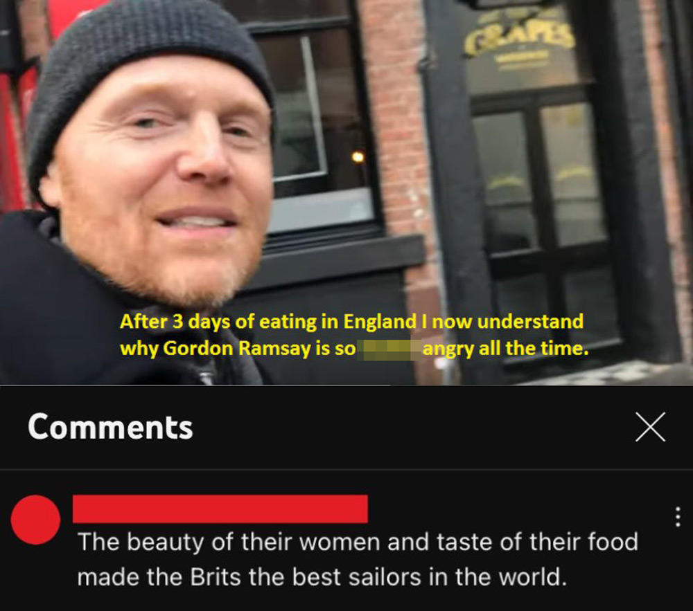 A person takes a selfie outside, with a caption about understanding why Gordon Ramsay is angry after eating in England. A comment below humorously suggests British women and food shaped their sailors.