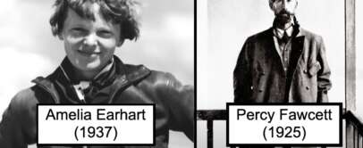 Black and white image split into two parts. Left: A woman in a leather jacket named Amelia Earhart (1937). Right: A man in a suit and hat, named Percy Fawcett (1925). Both are shown in historical attire with labels.