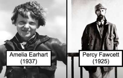 Black and white image split into two parts. Left: A woman in a leather jacket named Amelia Earhart (1937). Right: A man in a suit and hat, named Percy Fawcett (1925). Both are shown in historical attire with labels.