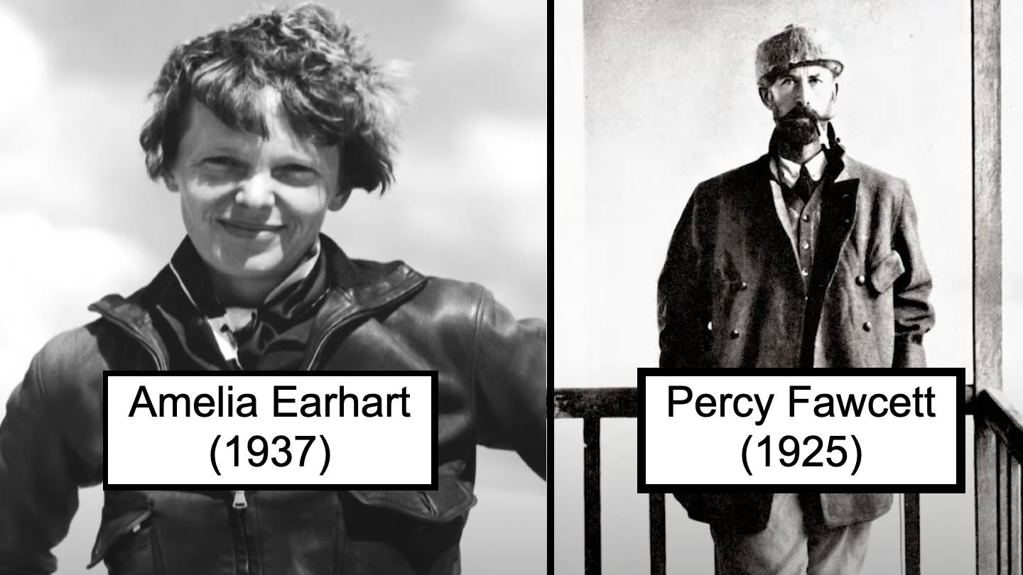 Black and white image split into two parts. Left: A woman in a leather jacket named Amelia Earhart (1937). Right: A man in a suit and hat, named Percy Fawcett (1925). Both are shown in historical attire with labels.