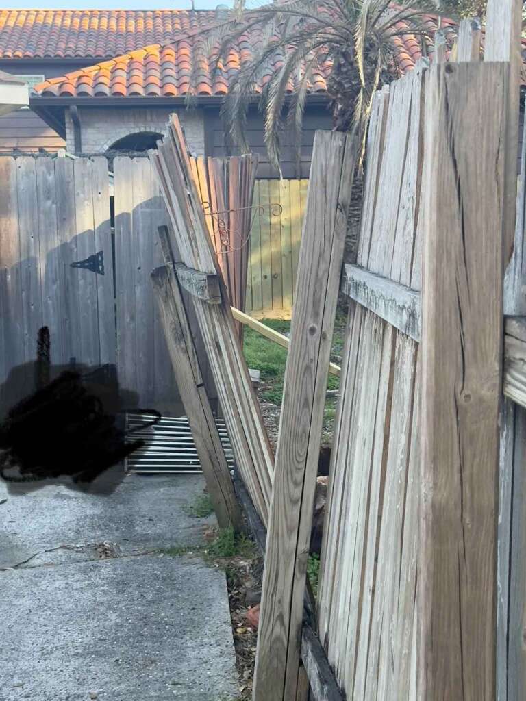 A damaged wooden fence leaning over, with several slats detached. In the background, there is a house with a red-tiled roof and a palm tree. The scene suggests recent weather damage or disrepair.