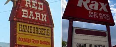 Split image showing two signs: Left, a vintage sign for The Red Barn advertising hamburgers and country fried chicken. Right, a Rax sign promoting "FAST FOOD WITH STYLE" and "Cream of Broccoli Soup $3.99" below.