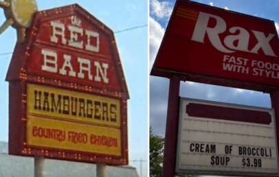 Split image showing two signs: Left, a vintage sign for The Red Barn advertising hamburgers and country fried chicken. Right, a Rax sign promoting "FAST FOOD WITH STYLE" and "Cream of Broccoli Soup $3.99" below.