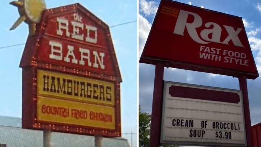 Split image showing two signs: Left, a vintage sign for The Red Barn advertising hamburgers and country fried chicken. Right, a Rax sign promoting "FAST FOOD WITH STYLE" and "Cream of Broccoli Soup $3.99" below.