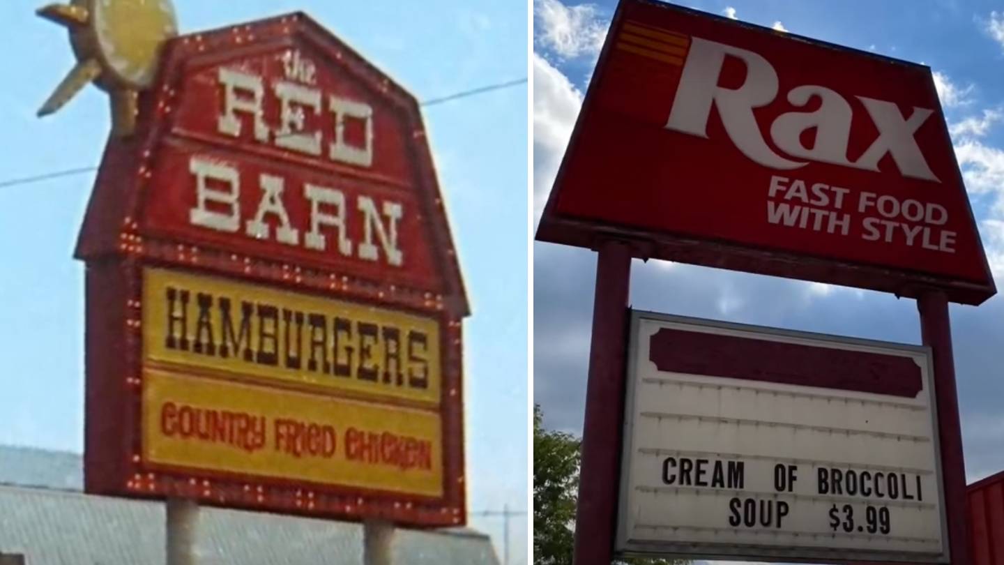 Split image showing two signs: Left, a vintage sign for The Red Barn advertising hamburgers and country fried chicken. Right, a Rax sign promoting "FAST FOOD WITH STYLE" and "Cream of Broccoli Soup $3.99" below.