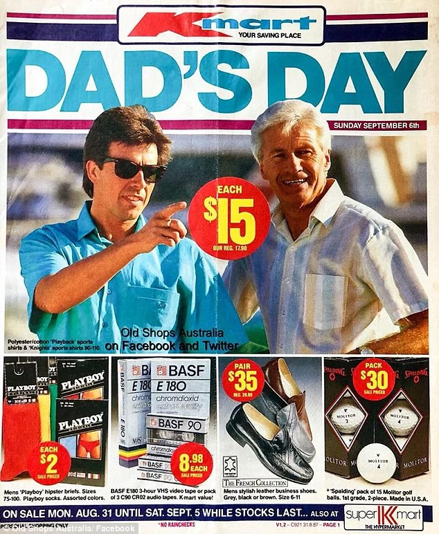 Vintage Kmart catalog page featuring a "Dad's Day" sale on Sunday, September 6th, with two men in casual clothing. Offers include shirts at $15, socks, shoes, and cassette tapes. Bright, colorful 1980s-style design.