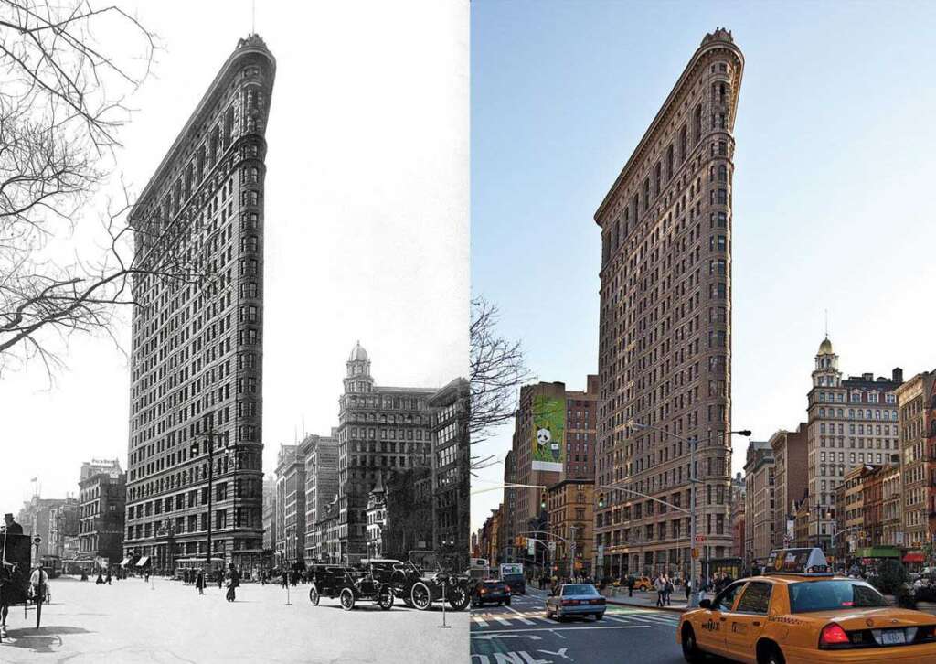 Side-by-side images of the Flatiron Building in New York City. The left image is in black and white, showing early 20th-century cars and people. The right image is in color, depicting modern-day traffic and surroundings with taxis.