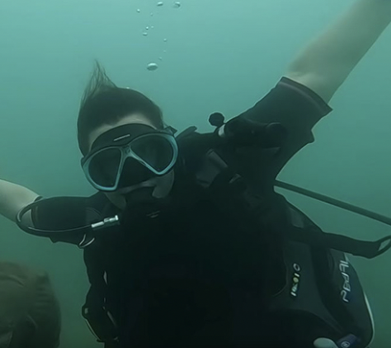 A scuba diver wearing a black wetsuit and mask is underwater with arms outstretched. Air bubbles rise above their head and a faint silhouette of a large marine creature, possibly a sea lion, is visible in the background.