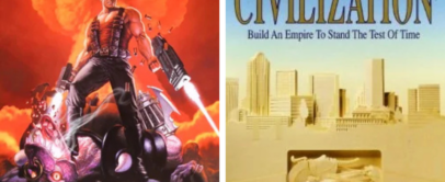 Left side features the "Duke Nukem" game cover, depicting a muscular character with weapons standing on a monster amidst explosions. Right side shows the "Sid Meier's Civilization" game cover with a city skyline and an ancient artifact.