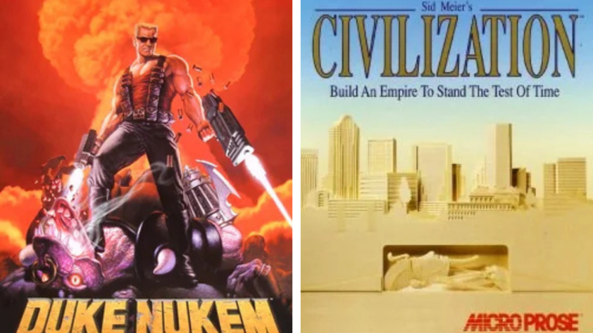 Left side features the "Duke Nukem" game cover, depicting a muscular character with weapons standing on a monster amidst explosions. Right side shows the "Sid Meier's Civilization" game cover with a city skyline and an ancient artifact.