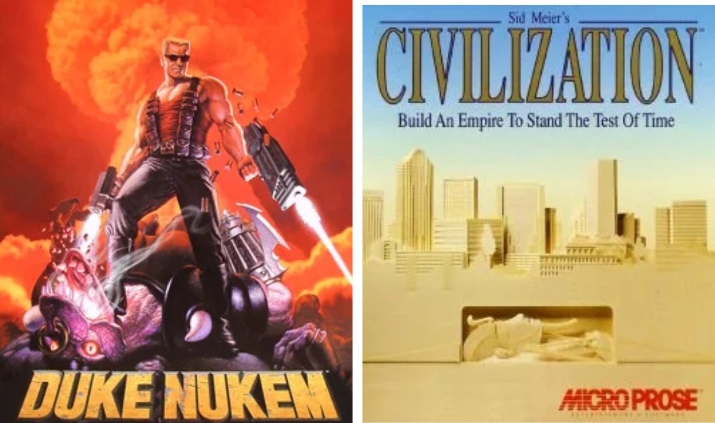 Left side features the "Duke Nukem" game cover, depicting a muscular character with weapons standing on a monster amidst explosions. Right side shows the "Sid Meier's Civilization" game cover with a city skyline and an ancient artifact.