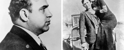 Left: A black-and-white profile photo of a man with a number "C28169" on his jacket. Right: A vintage black-and-white photo of a smiling couple; the woman stands on the car's bumper and embraces the man holding a hat.