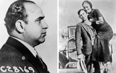 Left: A black-and-white profile photo of a man with a number "C28169" on his jacket. Right: A vintage black-and-white photo of a smiling couple; the woman stands on the car's bumper and embraces the man holding a hat.