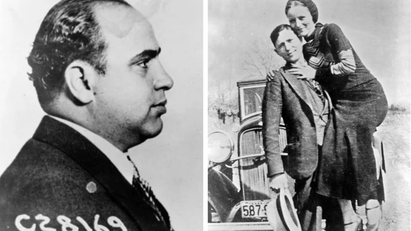 Left: A black-and-white profile photo of a man with a number "C28169" on his jacket. Right: A vintage black-and-white photo of a smiling couple; the woman stands on the car's bumper and embraces the man holding a hat.