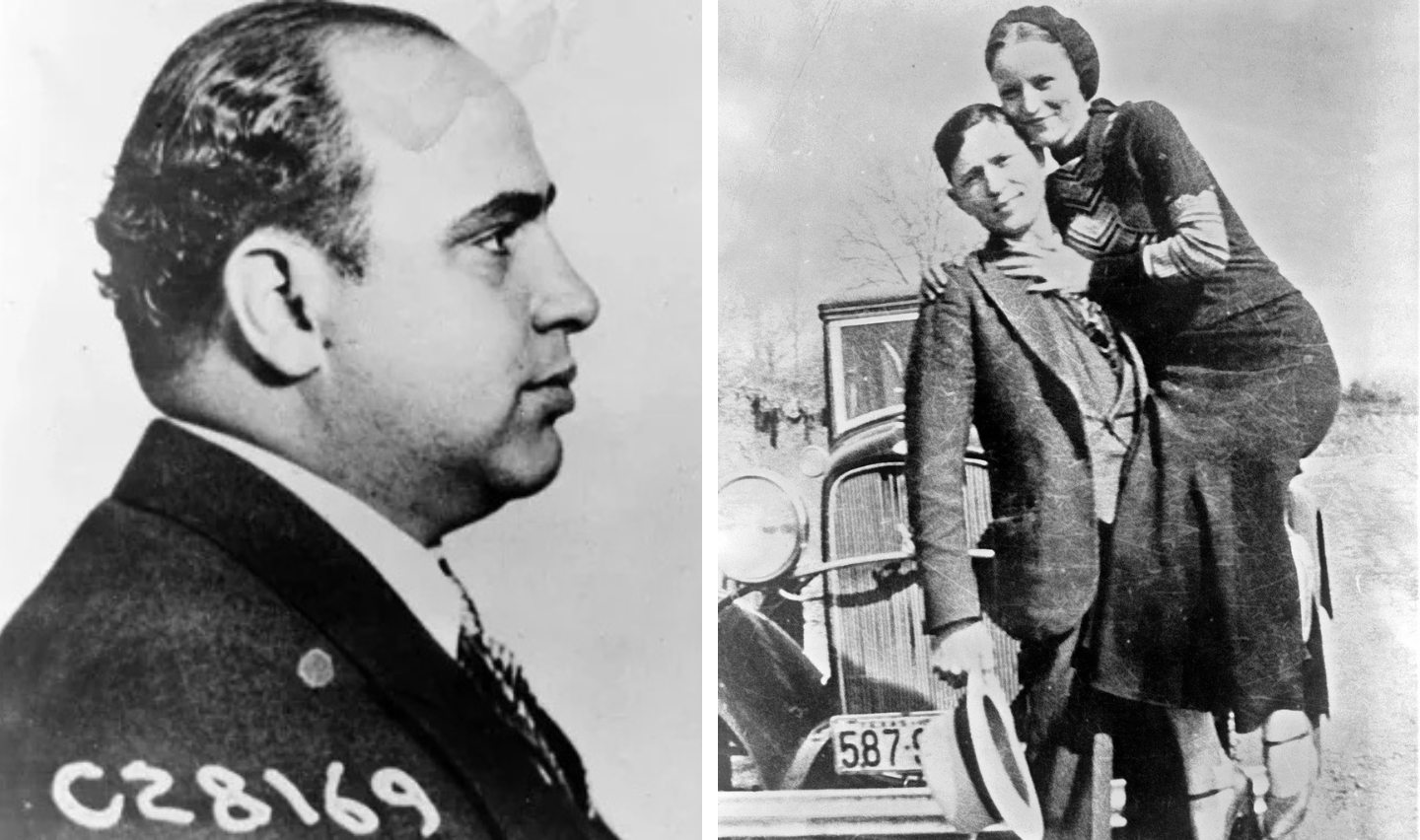 Left: A black-and-white profile photo of a man with a number "C28169" on his jacket. Right: A vintage black-and-white photo of a smiling couple; the woman stands on the car's bumper and embraces the man holding a hat.