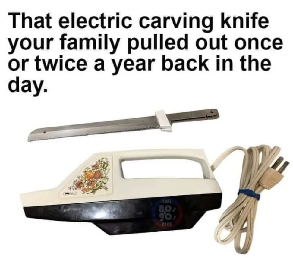 Electric carving knife with a floral design, detachable blade and power cord, accompanied by text mentioning infrequent family use.