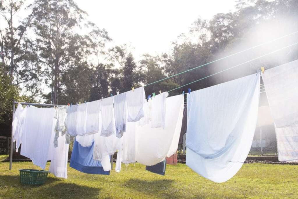 Laundry hung on a clothesline outside, with white and light blue sheets fluttering in daylight. Trees are visible in the background, highlighting a sunny day.