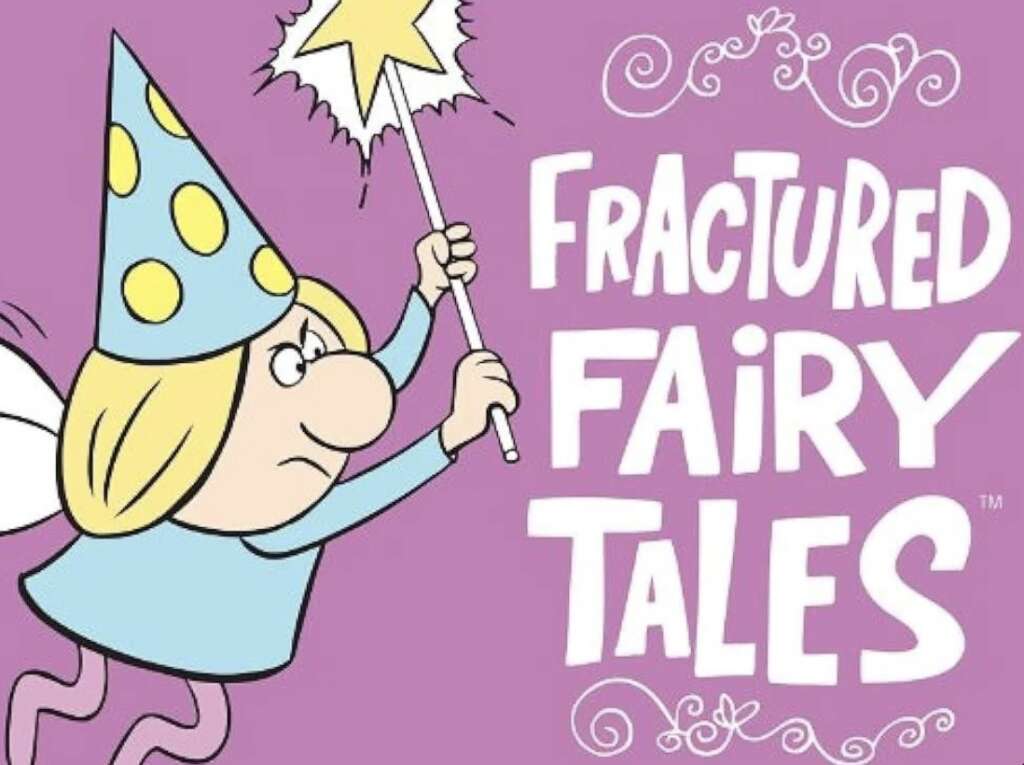 Cartoon fairy with a wand wearing a blue outfit and polka-dot hat flies next to the text "Fractured Fairy Tales" on a purple background. Swirls and decorative elements surround the text.