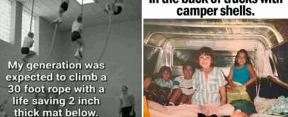 Left image: Black and white photo of young boys climbing ropes in a gym with text lamenting past gym safety standards. Right image: Color photo of children smiling in the back of a truck with a camper shell, suggesting nostalgic and carefree travel.