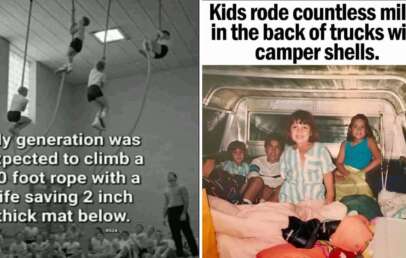 Left image: Black and white photo of young boys climbing ropes in a gym with text lamenting past gym safety standards. Right image: Color photo of children smiling in the back of a truck with a camper shell, suggesting nostalgic and carefree travel.