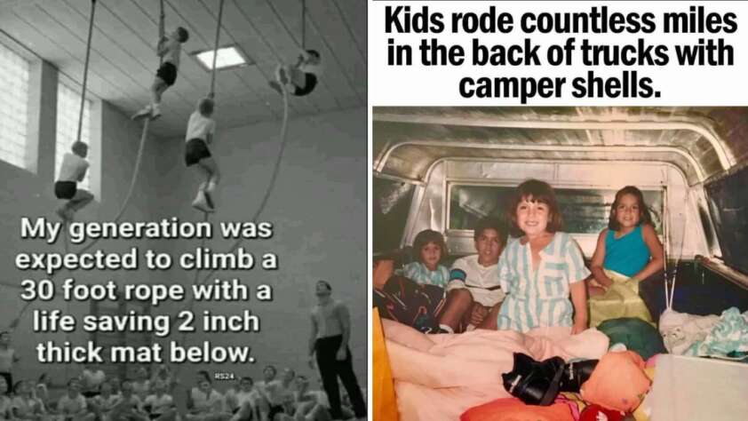 Left image: Black and white photo of young boys climbing ropes in a gym with text lamenting past gym safety standards. Right image: Color photo of children smiling in the back of a truck with a camper shell, suggesting nostalgic and carefree travel.