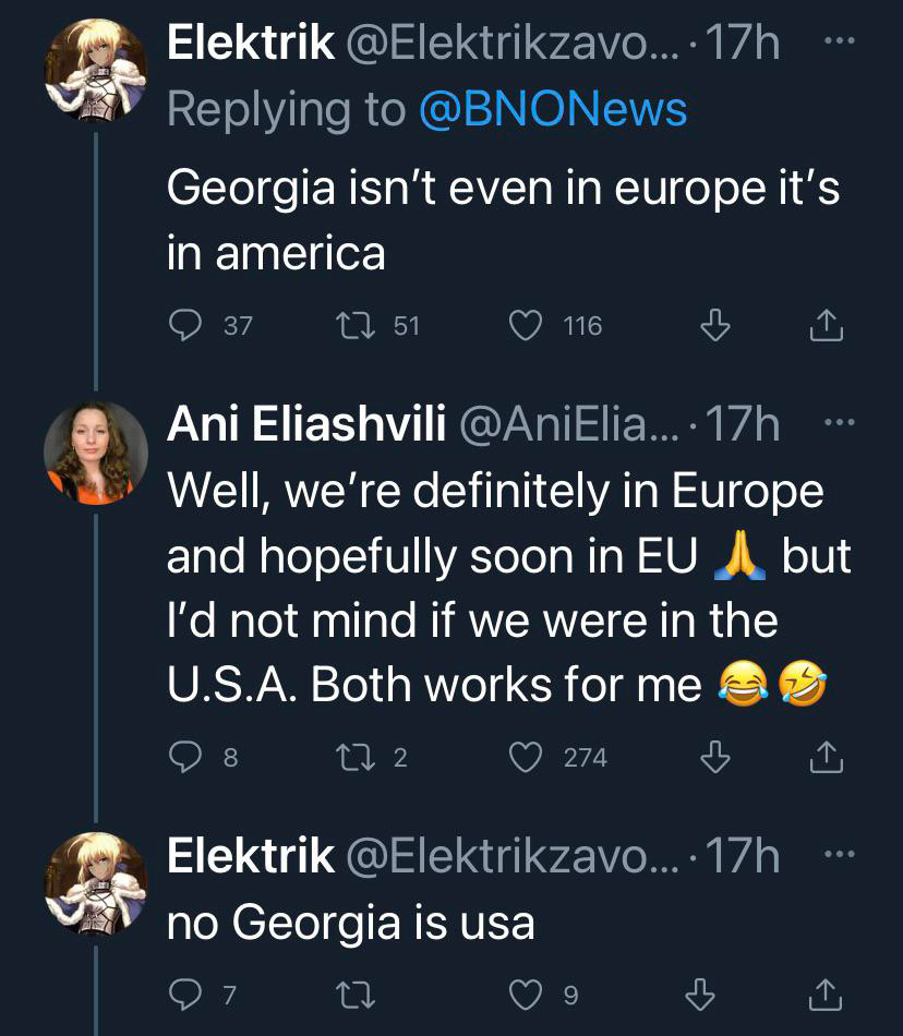 Screenshot of a Twitter conversation: User 1 claims "Georgia isn’t even in Europe it’s in America." User 2 humorously replies about being in Europe but open to being in the U.S.A. User 1 insists "no Georgia is usa.