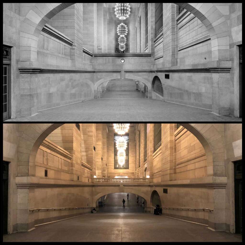 Two side-by-side images of the same grand hallway. The top is a black-and-white photo with chandeliers and a clock, while the bottom is a color version with a person walking. The architecture is grand with arches and stone walls.