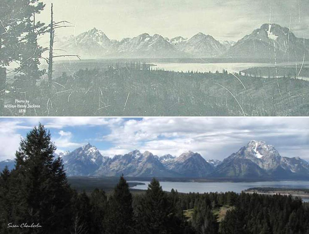 Two images show the same mountain range. The top black-and-white photo from 1878 depicts snow-capped peaks and a lake. The bottom color photo shows the same scene with clearer, vibrant details. Both feature coniferous forests in the foreground.