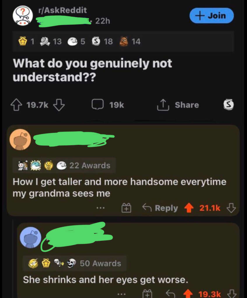 A Reddit post with the title, "What do you genuinely not understand?" shows a response questioning how they get taller and more handsome every time their grandma sees them. Another comment humorously replies, "She shrinks and her eyes get worse.