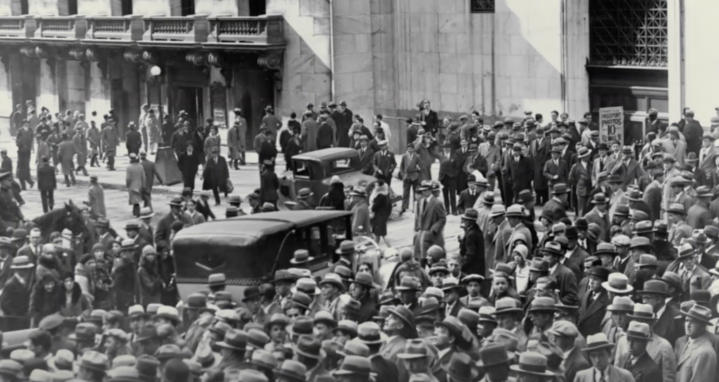 A black-and-white historical image shows a large crowd of people, mostly men in hats and suits, gathered densely in a city street. Vintage cars are visible, and a tall building is in the background, suggesting a busy urban scene.