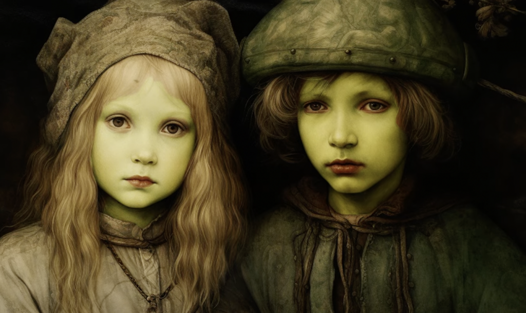 Two children with green skin stand side by side against a dark background. They wear old-fashioned, rustic clothing; the girl sports a knitted hat, while the boy wears a large cap. Their expressions are calm and mysterious.