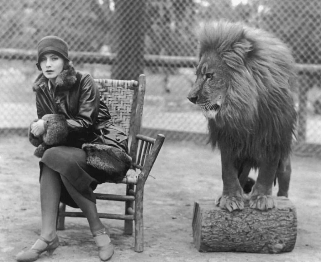 A woman in 1920s attire sits on a wooden chair, looking to the side. A lion stands on a log nearby. The background is a fenced area, suggesting a zoo or animal enclosure. The photo is black and white, with a vintage feel.