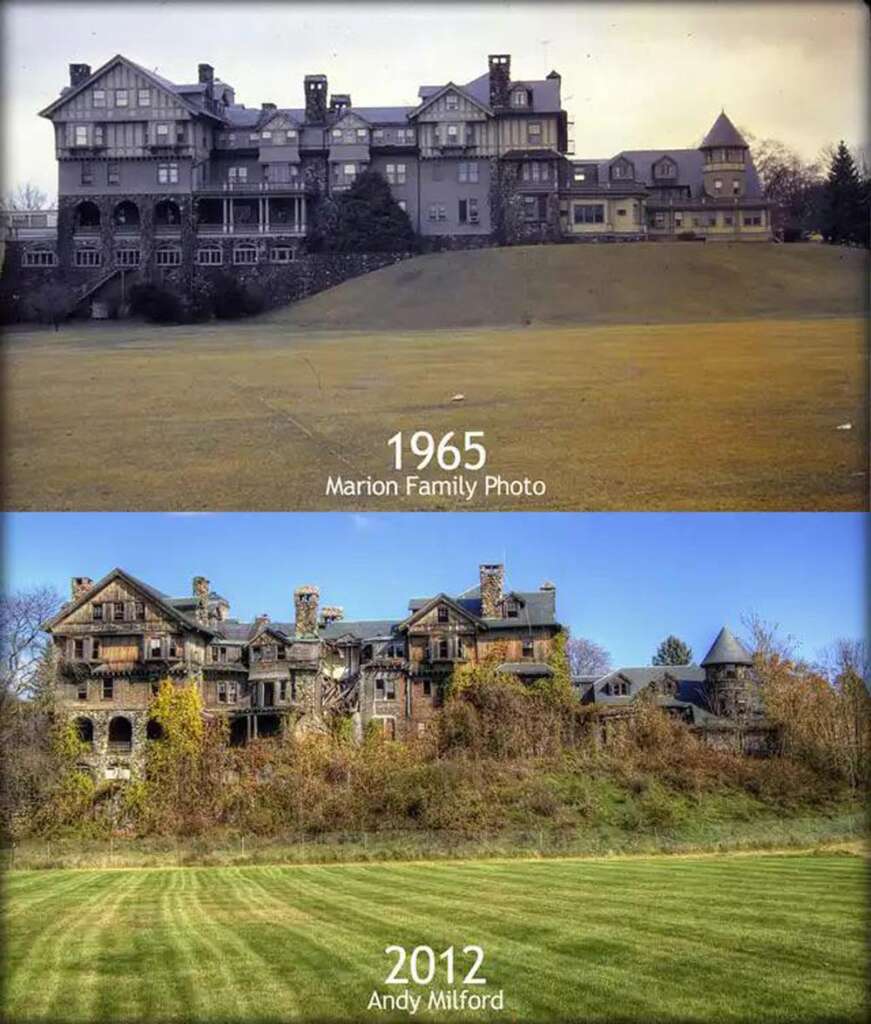 Top: A large, well-maintained mansion on a grassy lawn in 1965. Bottom: The same mansion in 2012, appearing dilapidated with overgrown vegetation and visible decay, surrounded by a similar grassy lawn.