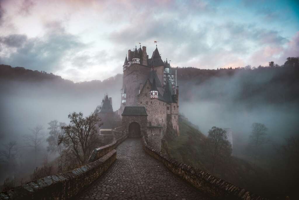 A medieval castle with towers and turrets stands on a hill surrounded by mist. A cobblestone path leads to its arched entrance. The sky is overcast, and the landscape is filled with bare trees and distant hills.