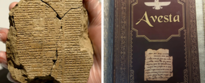 Left: A hand holding an ancient clay tablet with cuneiform script. Right: The cover of a book titled "Avesta" with decorative borders and a small image of a similar tablet.