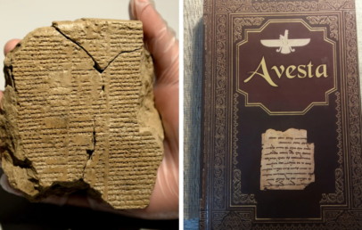 Left: A hand holding an ancient clay tablet with cuneiform script. Right: The cover of a book titled "Avesta" with decorative borders and a small image of a similar tablet.