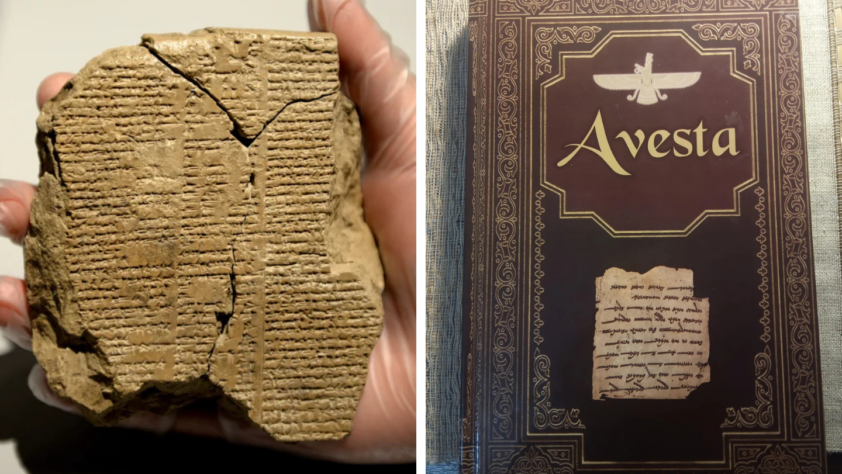 Left: A hand holding an ancient clay tablet with cuneiform script. Right: The cover of a book titled "Avesta" with decorative borders and a small image of a similar tablet.