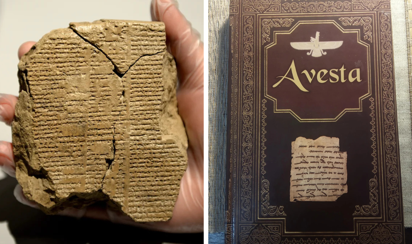 Left: A hand holding an ancient clay tablet with cuneiform script. Right: The cover of a book titled "Avesta" with decorative borders and a small image of a similar tablet.