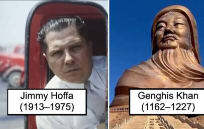 Composite image of a black-and-white photo of a man in a vehicle labeled "Jimmy Hoffa (1913–1975)" on the left, and a color photo of a large statue labeled "Genghis Khan (1162–1227)" on the right.