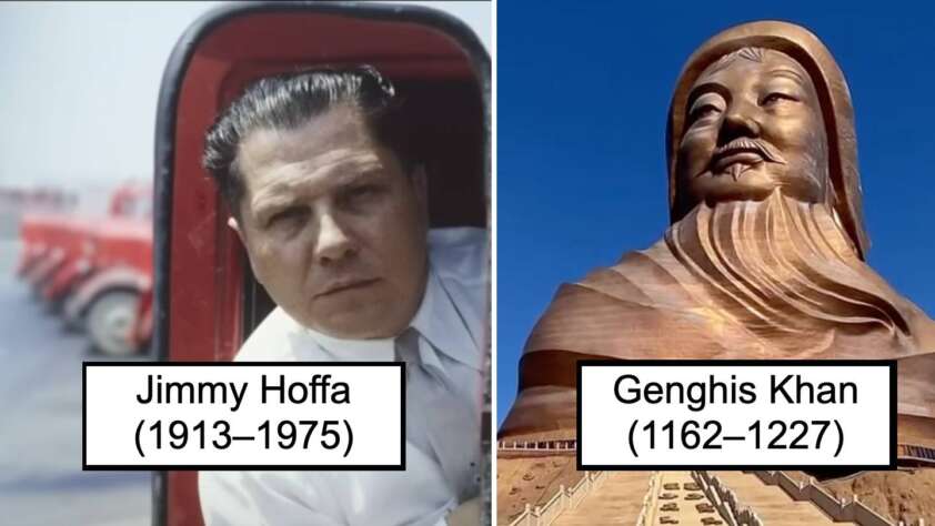 Composite image of a black-and-white photo of a man in a vehicle labeled "Jimmy Hoffa (1913–1975)" on the left, and a color photo of a large statue labeled "Genghis Khan (1162–1227)" on the right.