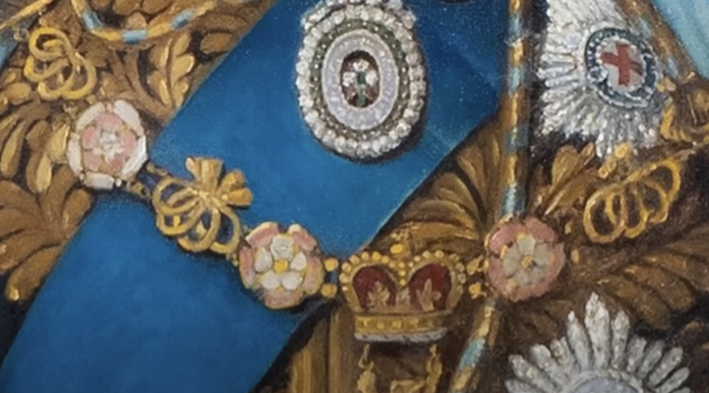 A richly detailed portion of a painting features ornate symbols. A blue sash with intricate gold designs and medallions, including a crown and fleurs-de-lis motifs, adorns a background with a shimmering pattern.