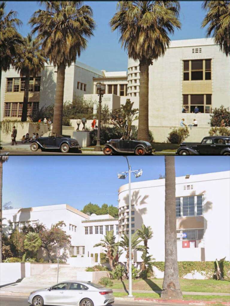 Two images of the same white building with palm trees. The top image shows vintage cars and people in retro attire, suggesting an older era. The bottom image features modern cars and a contemporary setting with similar architecture.