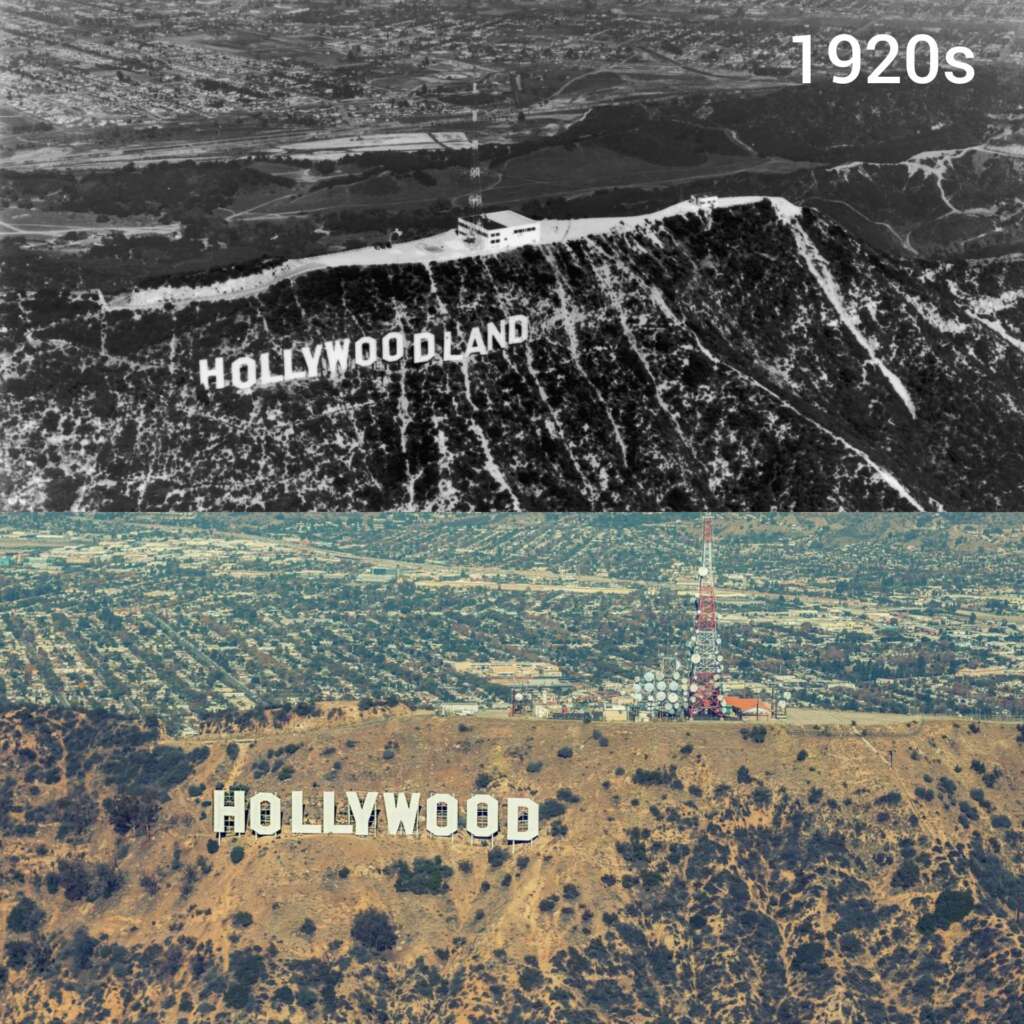 A split image showing the Hollywood sign transformation: the top half in the 1920s with "Hollywoodland" on a mountain, and the bottom half in modern times with the revised "Hollywood" sign, surrounded by more developed scenery.