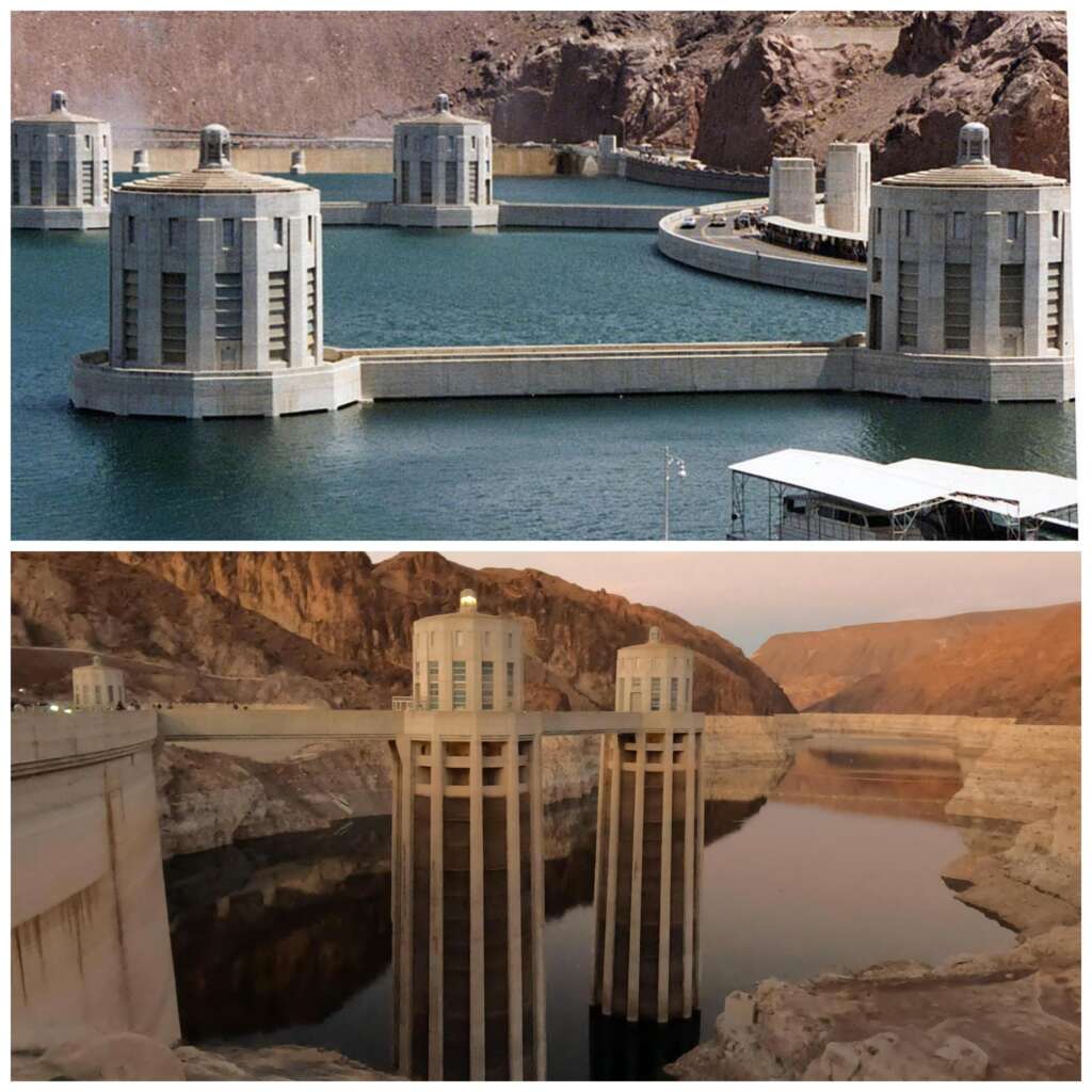 Two images show the Hoover Dam from similar angles at different times. The top image depicts higher water levels surrounding the intake towers, while the bottom image shows significantly lower water levels, revealing more of the towers' structures.