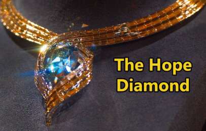 A close-up of the Hope Diamond necklace displayed on a dark surface. The diamond is a deep blue, surrounded by an intricate gold setting. The words "The Hope Diamond" are written in bold yellow text.